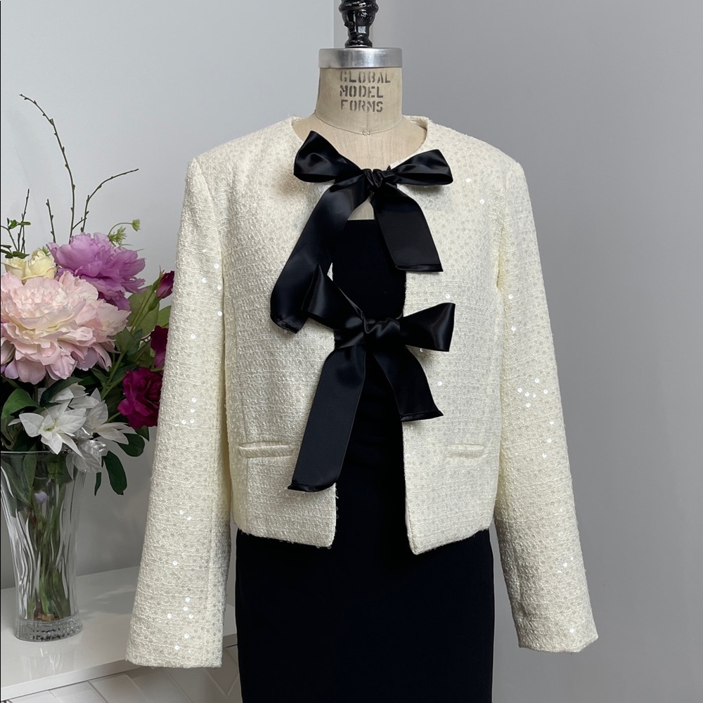 NWT Ivory Cream Sequin Blazer Style Jacket with Satin Black Bows - size SMALL